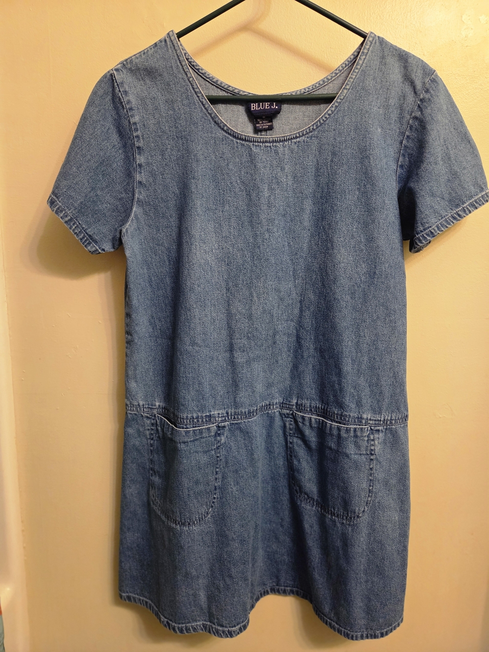 Vintage Blue J. Women’s Medium Denim Shift Dress Short Sleeve Pockets 90s Boho